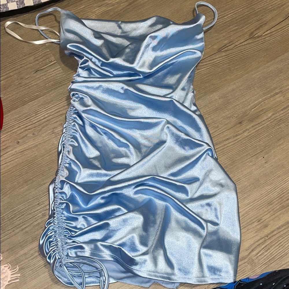 Windsor Light Blue Satin Ruched Slip Dress